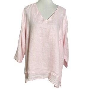 La Fixsun Pink 100% Linen Tunic Top 3/4 Sleeve Shark Bite‎ Hem Lagenlook USA M